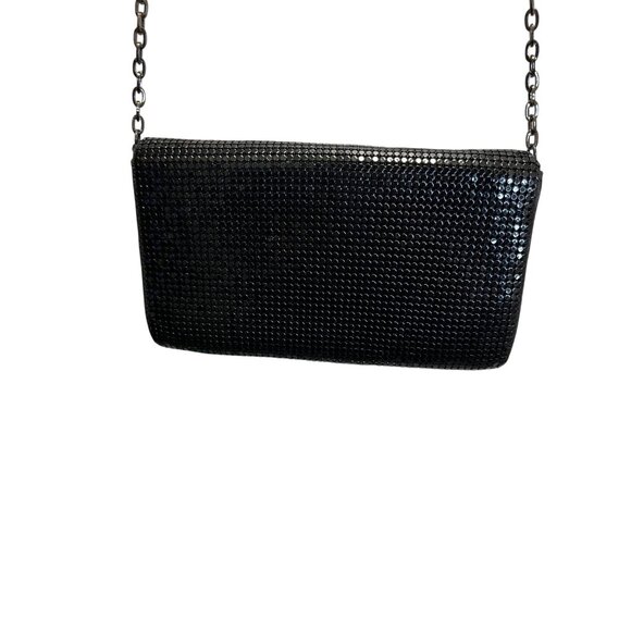 Whiting & Davis Black Rhinestone Evening Chain Clutch Metal Mesh Satin Interior - Picture 2 of 7